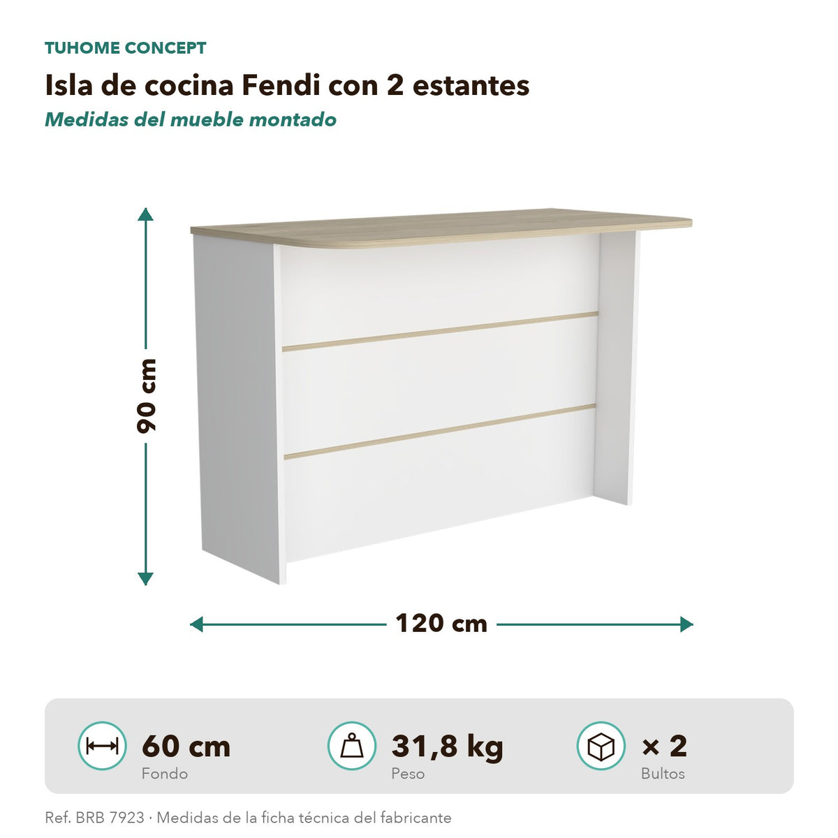 TUHOME CONCEPT Isla de cocina Fendi de 120 cm con 2 estantes, roble claro y blanco