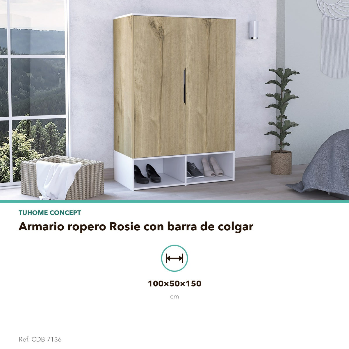 Armario ropero Rosie de 100 cm, roble claro y blanco, infografía – TUHOME