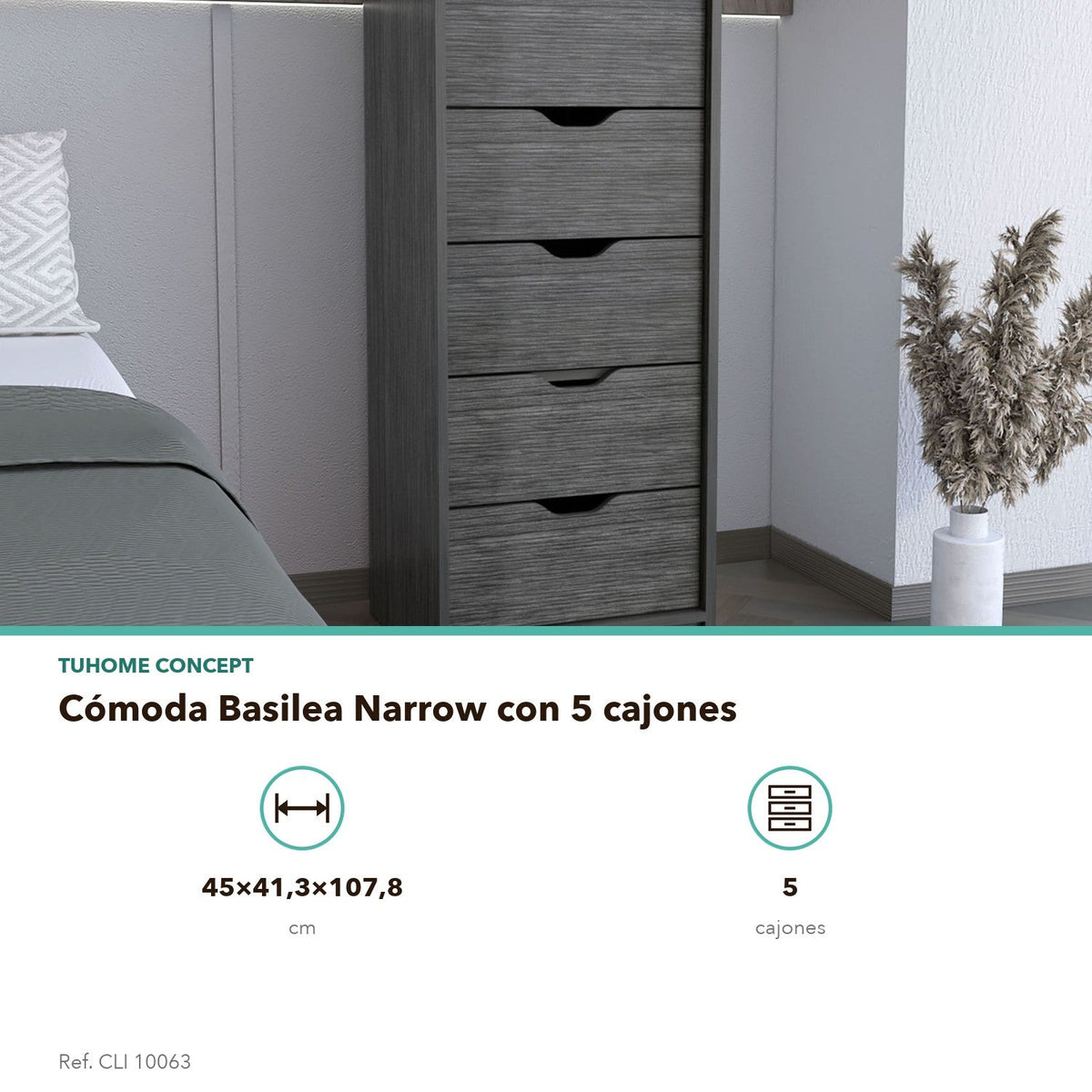 Cómoda Basilea Narrow de 45 cm, roble gris, infografía – TUHOME
