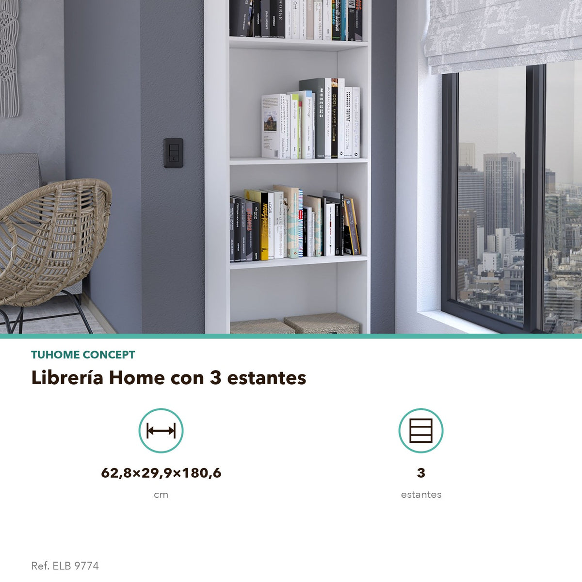 Librería Home de 181 cm con 4 huecos, infografía – TUHOME