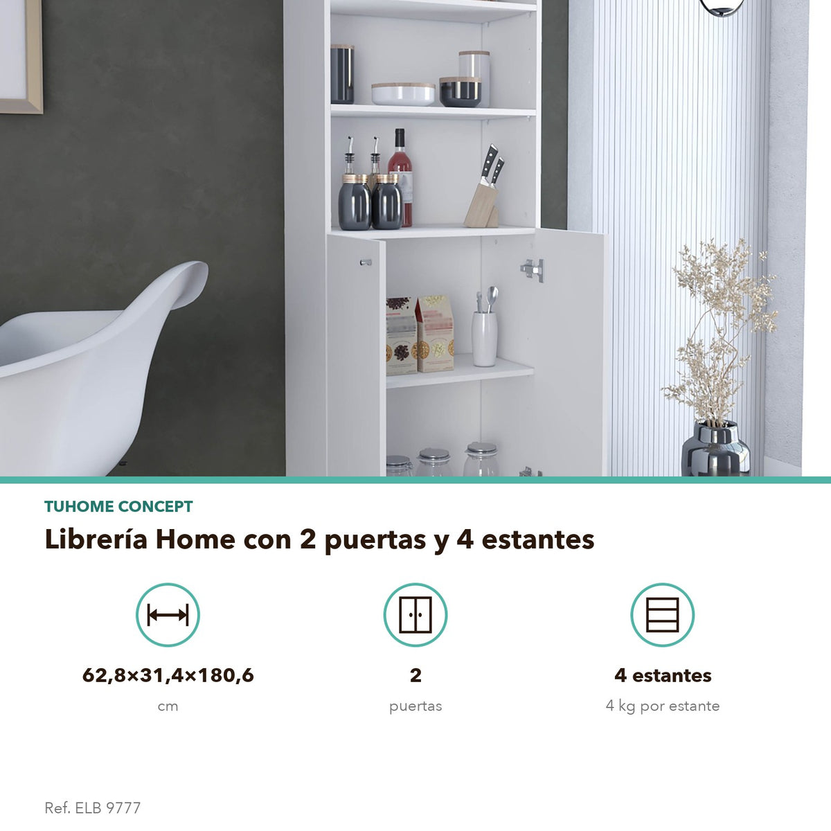 Librería Home de 181 cm con 2 puertas, blanco, infografía – TUHOME