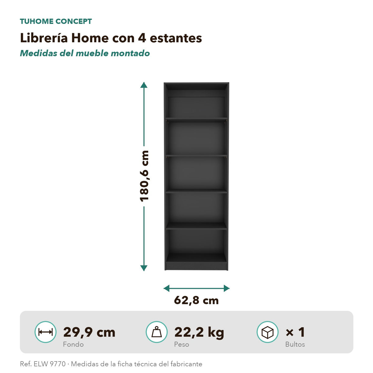TUHOME CONCEPT Librería Home de 181 cm con 5 huecos