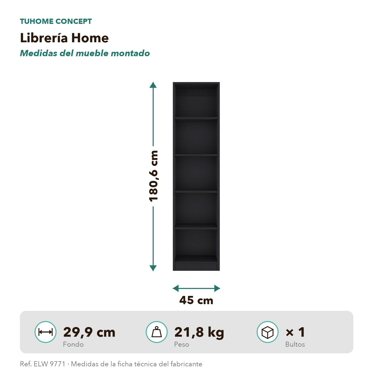 Librería estrecha Home XS de 45 cm con 5 huecos, infografía – TUHOME