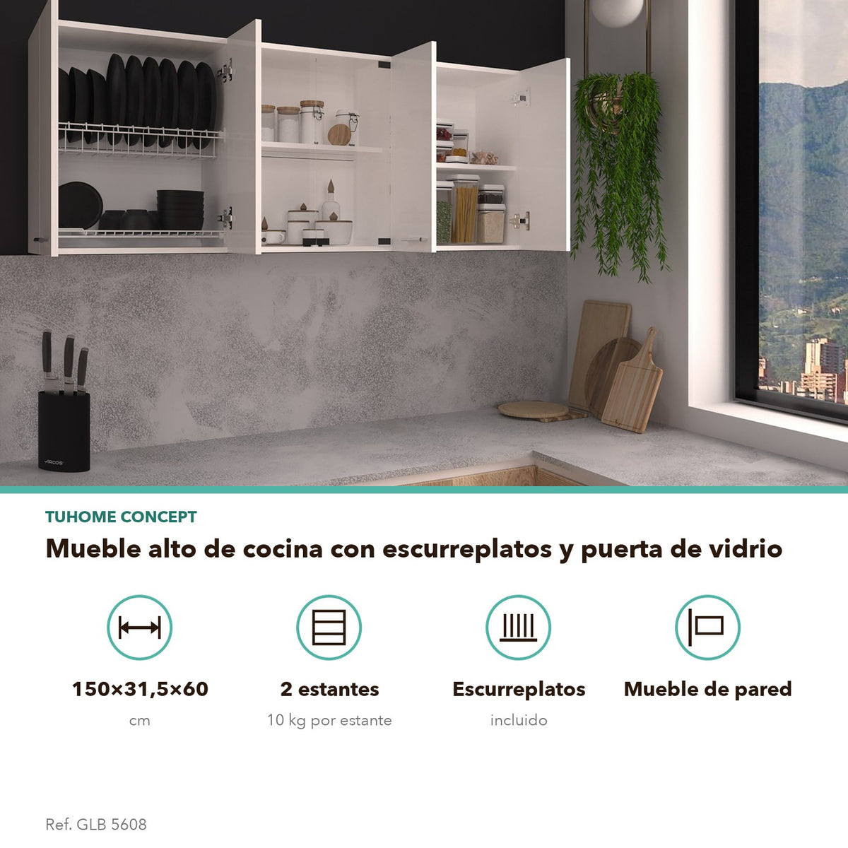 TUHOME CONCEPT Mueble alto de cocina de 150 cm con escurreplatos, 2 puertas de cristal y 4 puertas, blanco