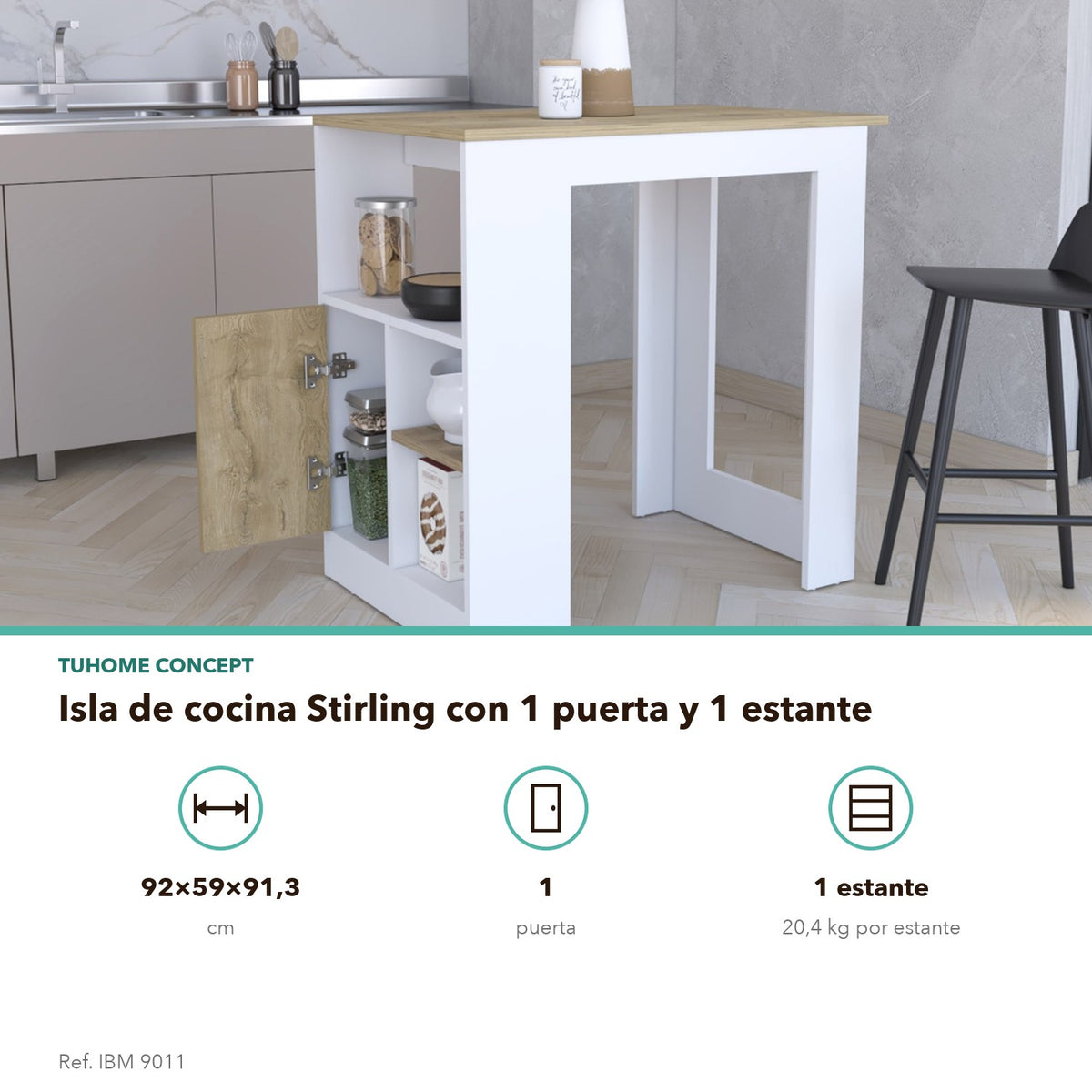 TUHOME CONCEPT Isla de cocina Stirling de 92 cm con 1 puerta, blanco y macadamia