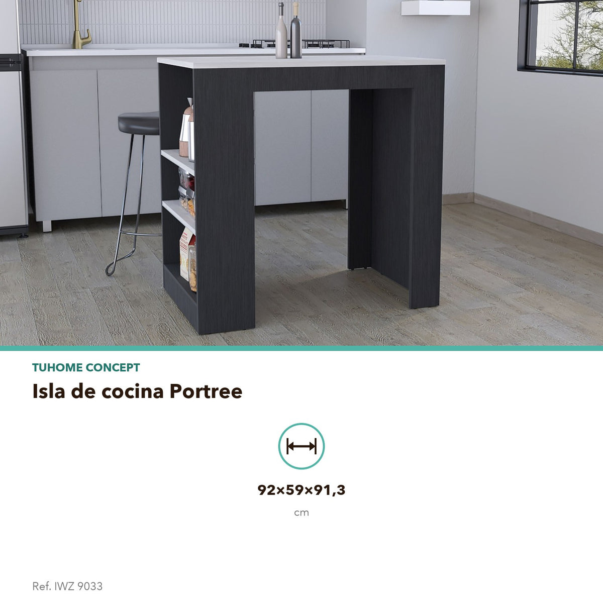 Isla de cocina Portree de 92 cm, wengué y blanco Ibiza, infografía – TUHOME