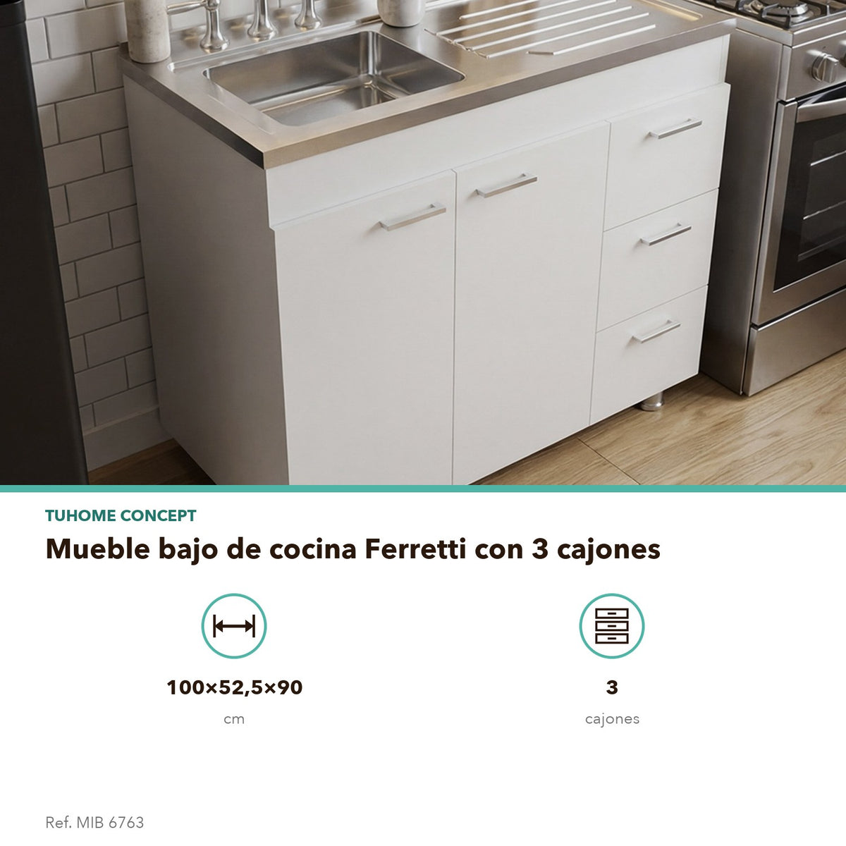 TUHOME CONCEPT Mueble bajo de cocina Ferretti de 100 cm con fregadero inox, 2 puertas y 3 cajones, blanco