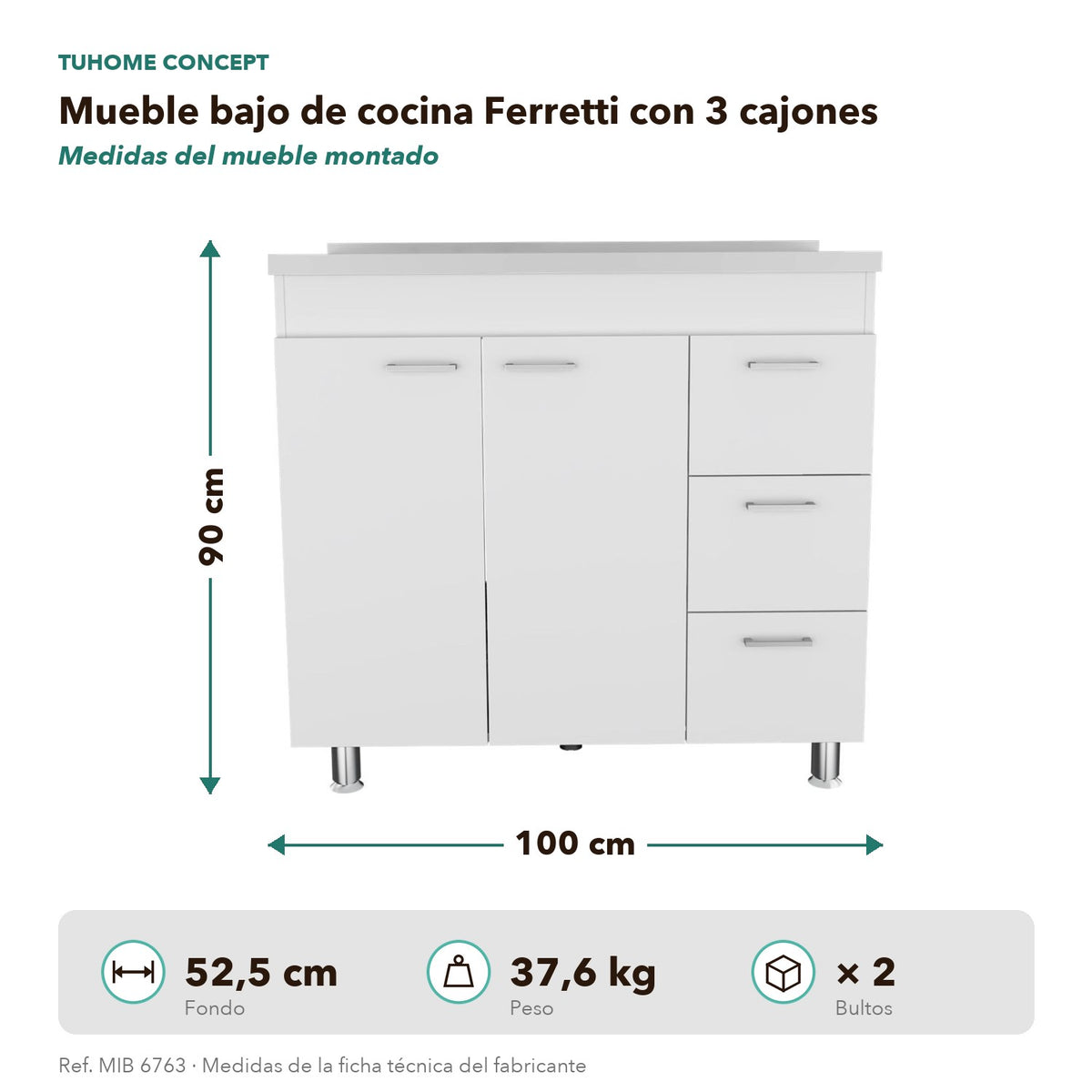 TUHOME CONCEPT Mueble bajo de cocina Ferretti de 100 cm con fregadero inox, 2 puertas y 3 cajones, blanco