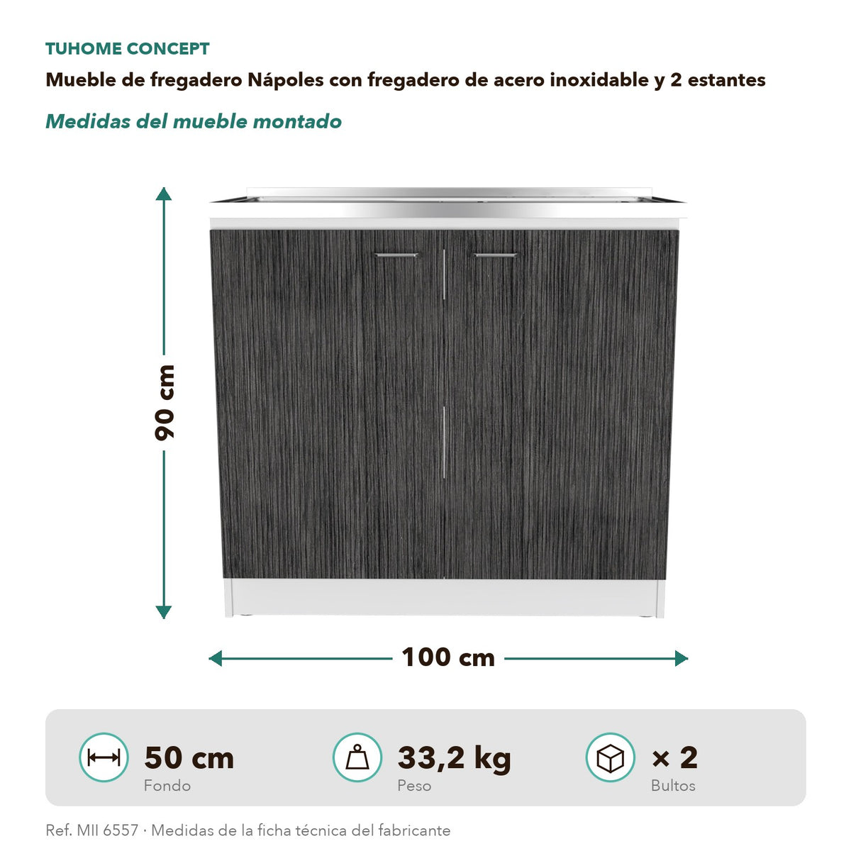 TUHOME CONCEPT Mueble de fregadero Nápoles de 100 cm, blanco y roble gris