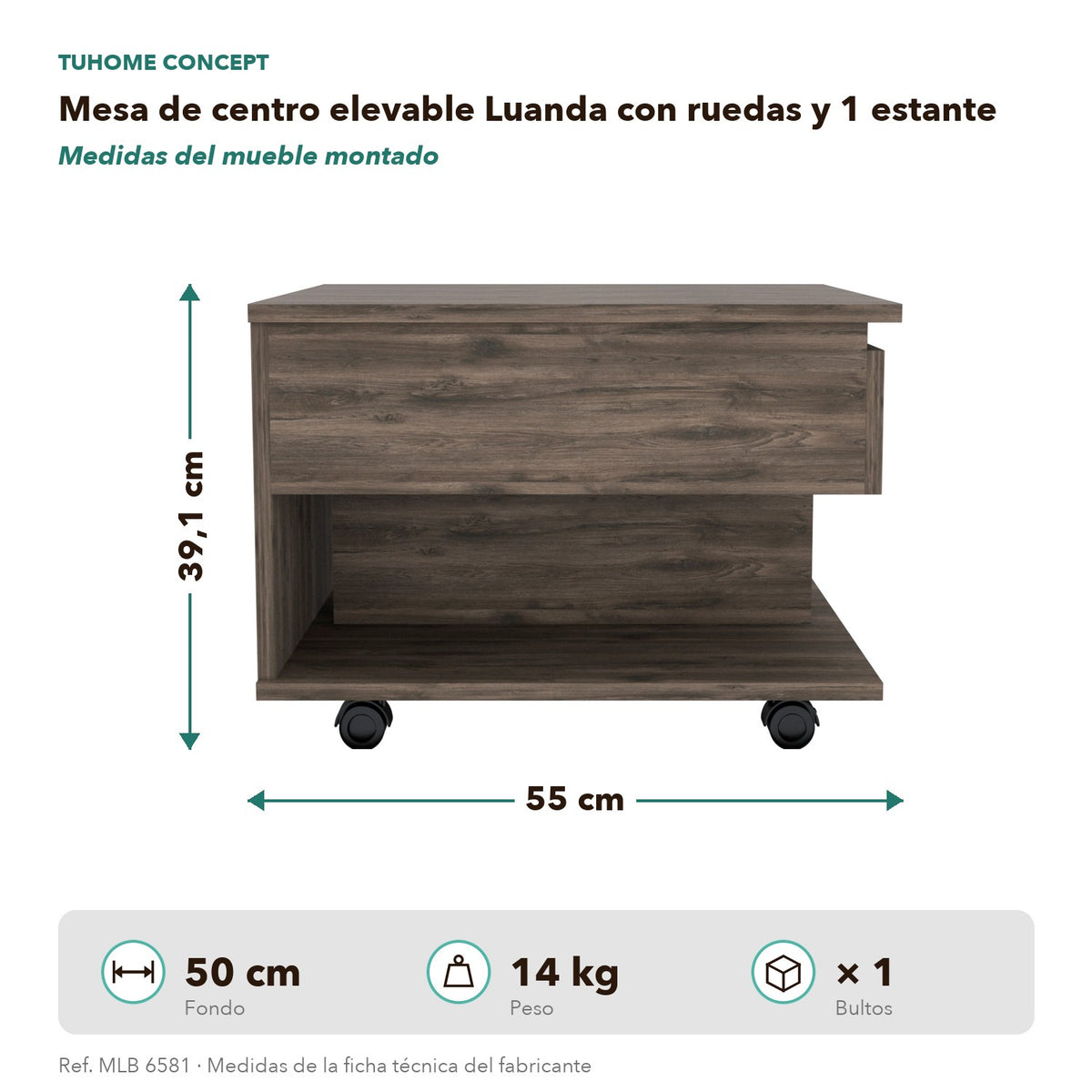 TUHOME CONCEPT Mesa de centro elevable Luanda de 55 cm con ruedas, roble oscuro