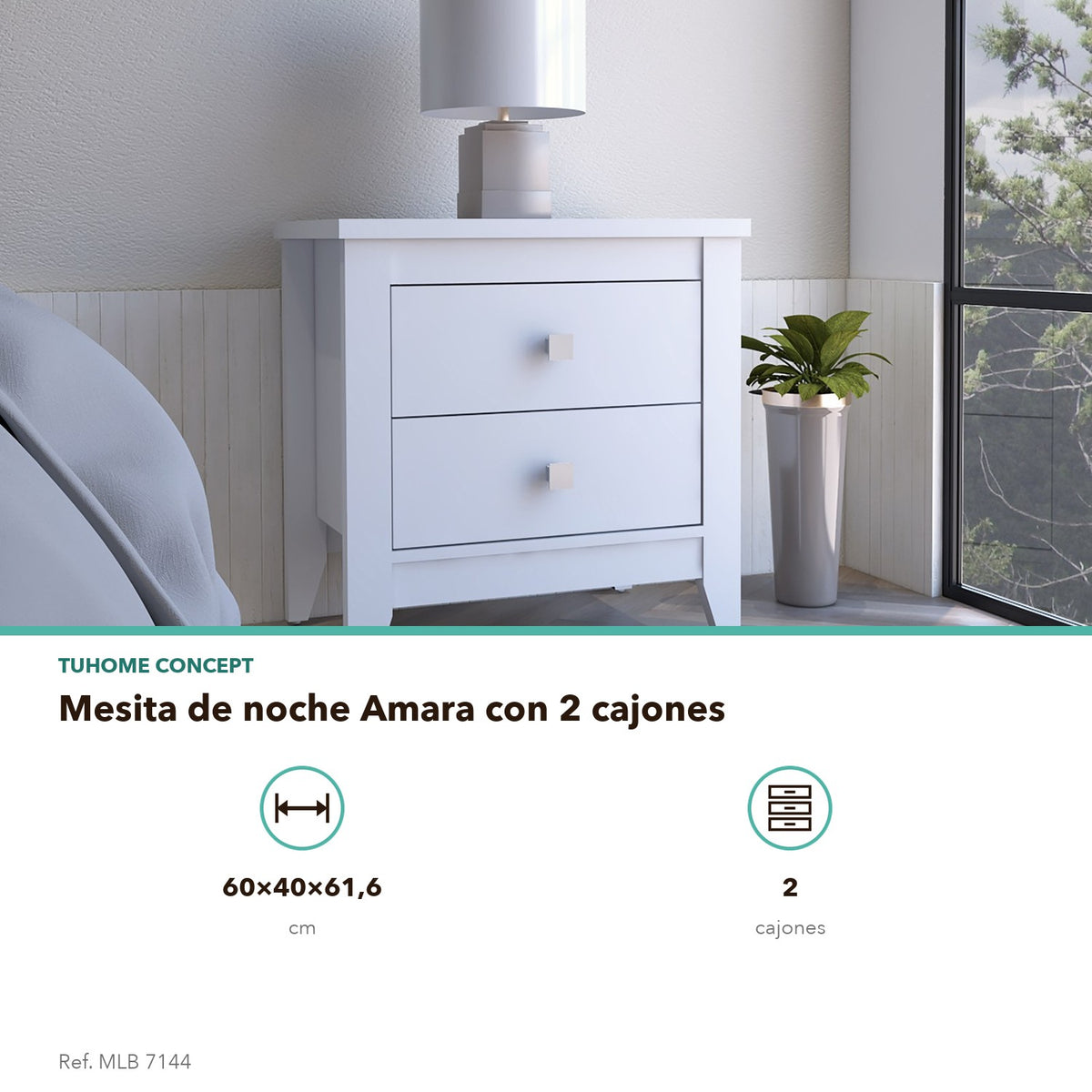 TUHOME CONCEPT Mesita de noche Amara de 60 cm, blanco
