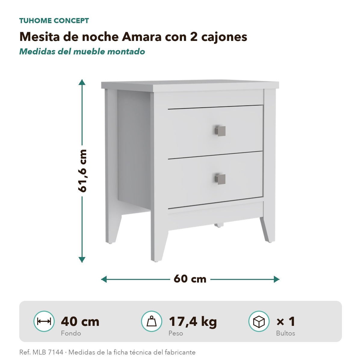 TUHOME CONCEPT Mesita de noche Amara de 60 cm, blanco