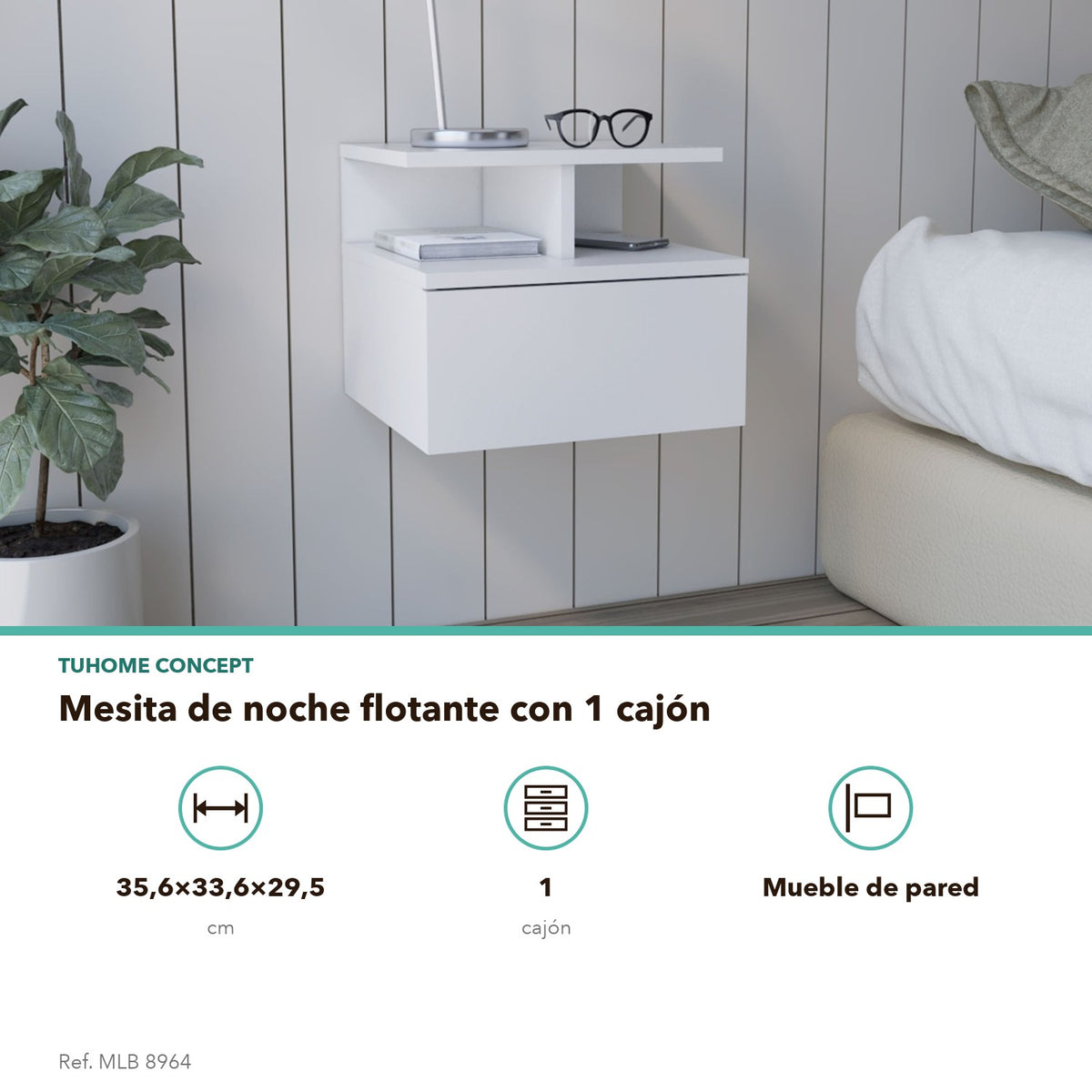 TUHOME CONCEPT Mesita de noche flotante Adele de 36 cm, blanco