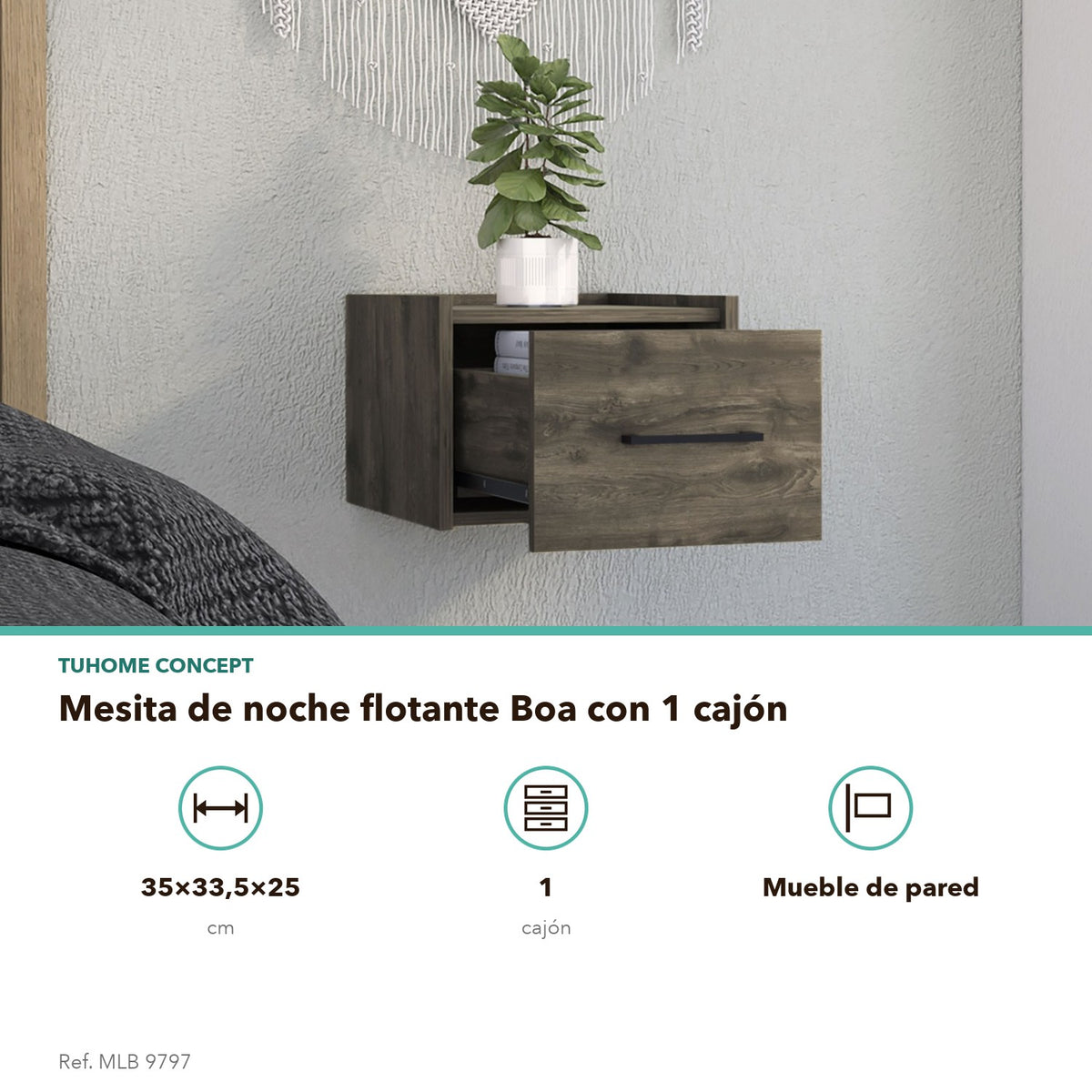 TUHOME CONCEPT Mesita de noche flotante Boa de 35 cm, roble oscuro