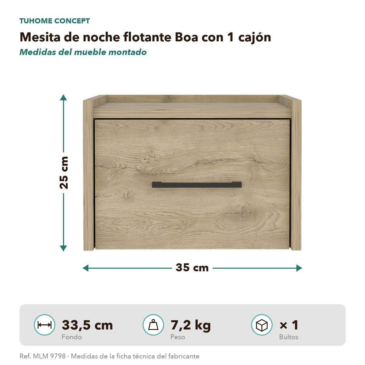 TUHOME CONCEPT Mesita de noche flotante Boa de 35 cm, macadamia