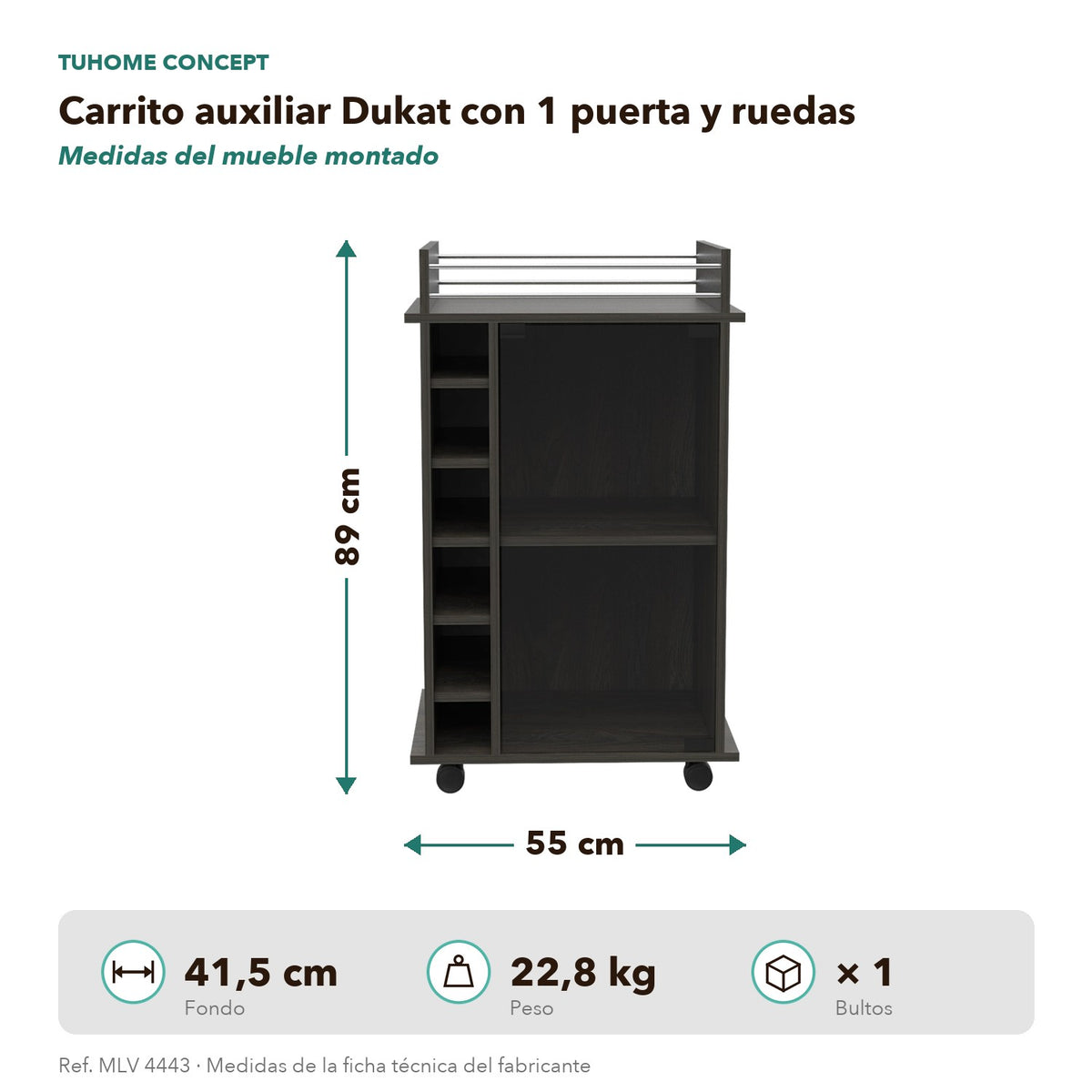 TUHOME CONCEPT Carrito de bar Dukat de 55 cm con puerta de cristal, botellero y ruedas, gris carbón