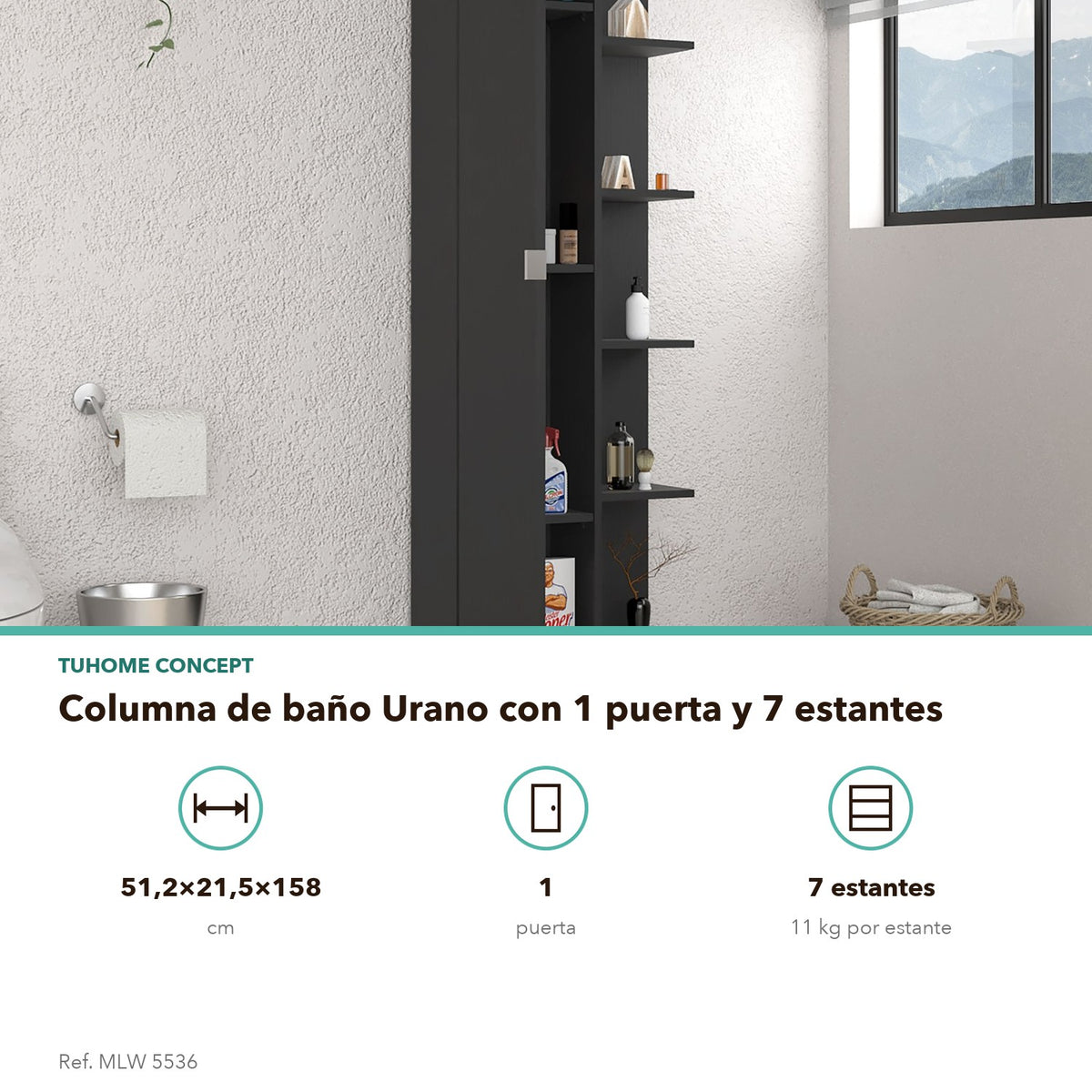 Columna de baño Urano 158 cm, 1 puerta y 5 estantes abiertos