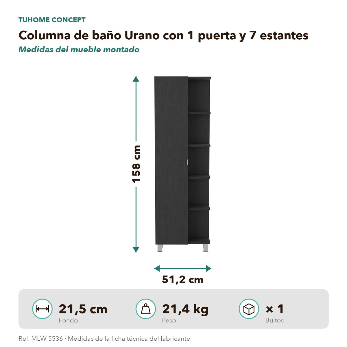 Columna de baño Urano 158 cm, 1 puerta y 5 estantes abiertos