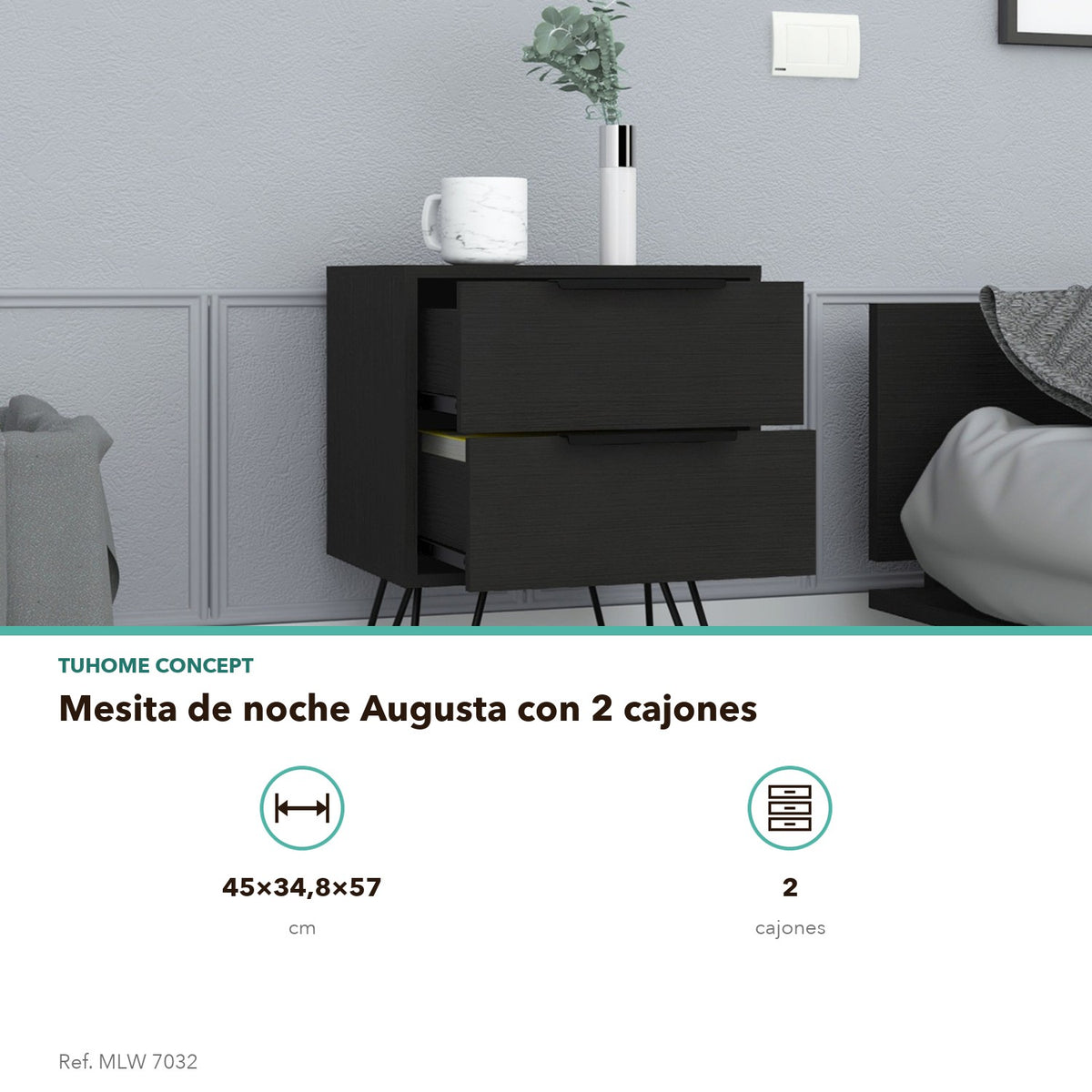 TUHOME Mesita de noche Nuvo 45 cm con 2 cajones, wengué