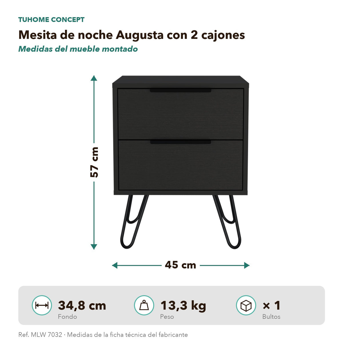 TUHOME Mesita de noche Nuvo 45 cm con 2 cajones, wengué