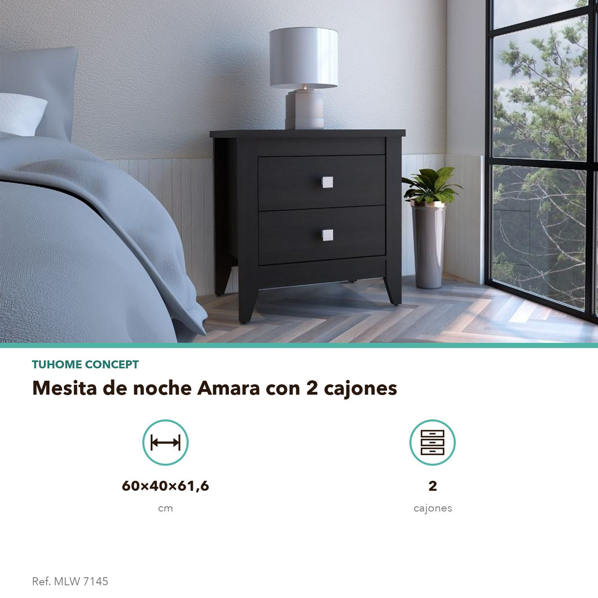 TUHOME CONCEPT Mesita de noche Amara de 60 cm con 2 cajones, negro