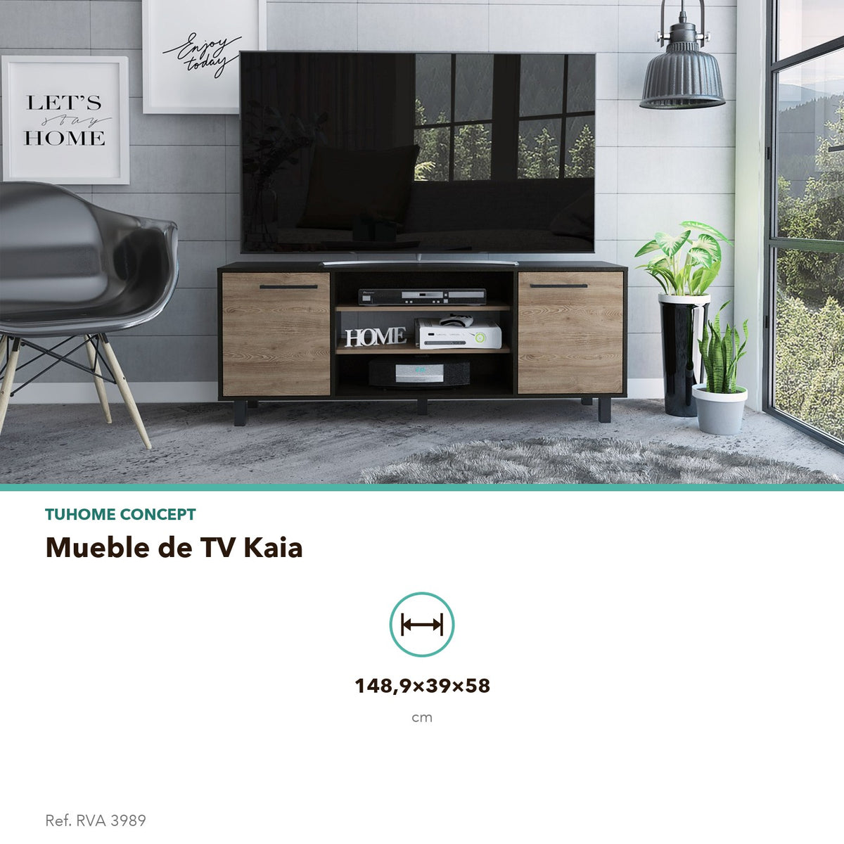 TUHOME CONCEPT Mueble de TV Kaia de 149 cm, wengué y roble miel