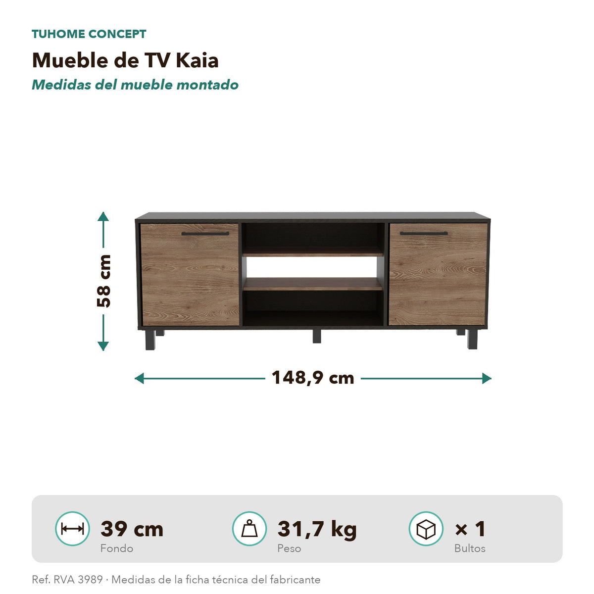 TUHOME CONCEPT Mueble de TV Kaia de 149 cm, wengué y roble miel