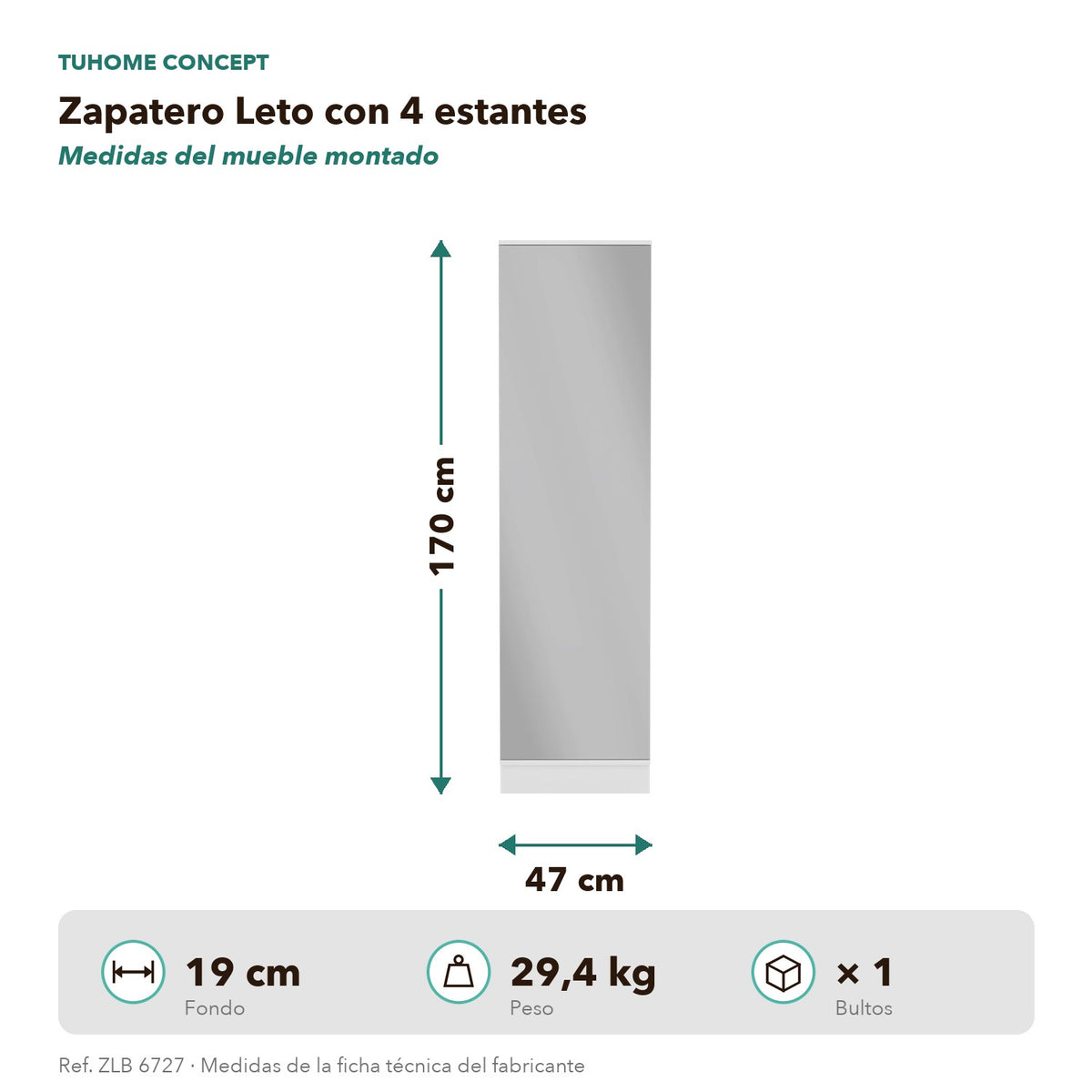 TUHOME CONCEPT Zapatero Leto de 170 cm, blanco