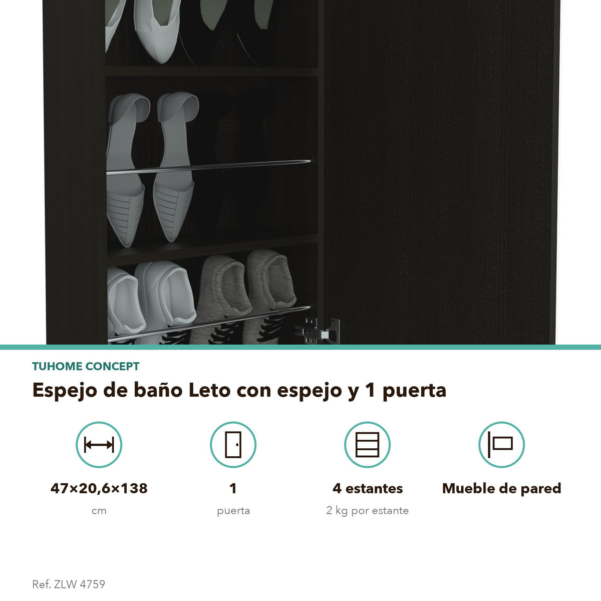 TUHOME CONCEPT Zapatero Leto de 138 cm con espejo, wengué