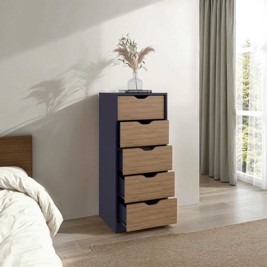Cómoda Basilea Narrow de 45 cm con 5 cajones, azul y fresno