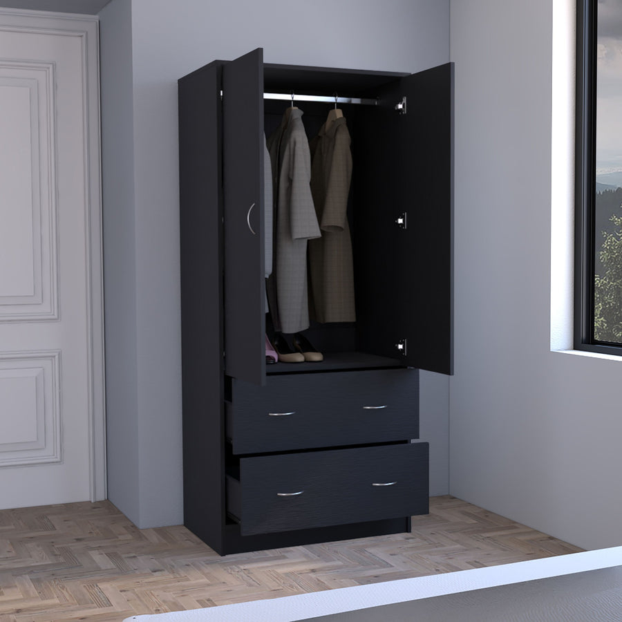 Armario ropero Taly de 180 cm con 2 puertas, 2 cajones y barra de colgar, wengué