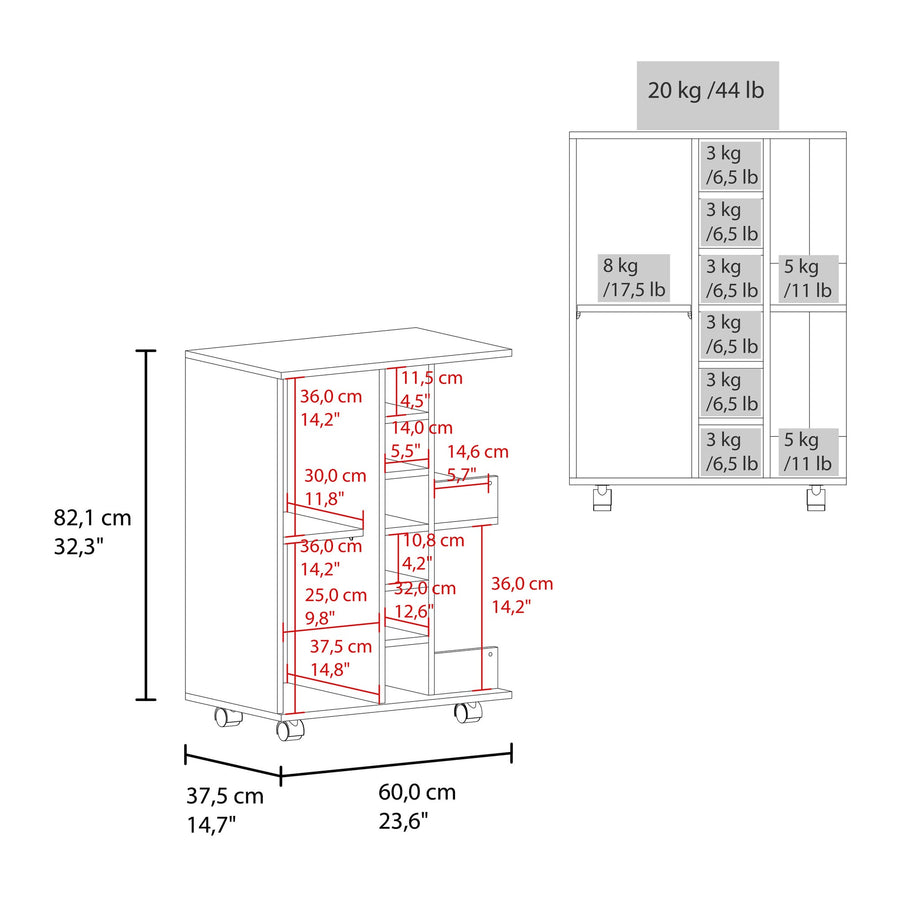 Carrito auxiliar de 60 cm, azul y fresno