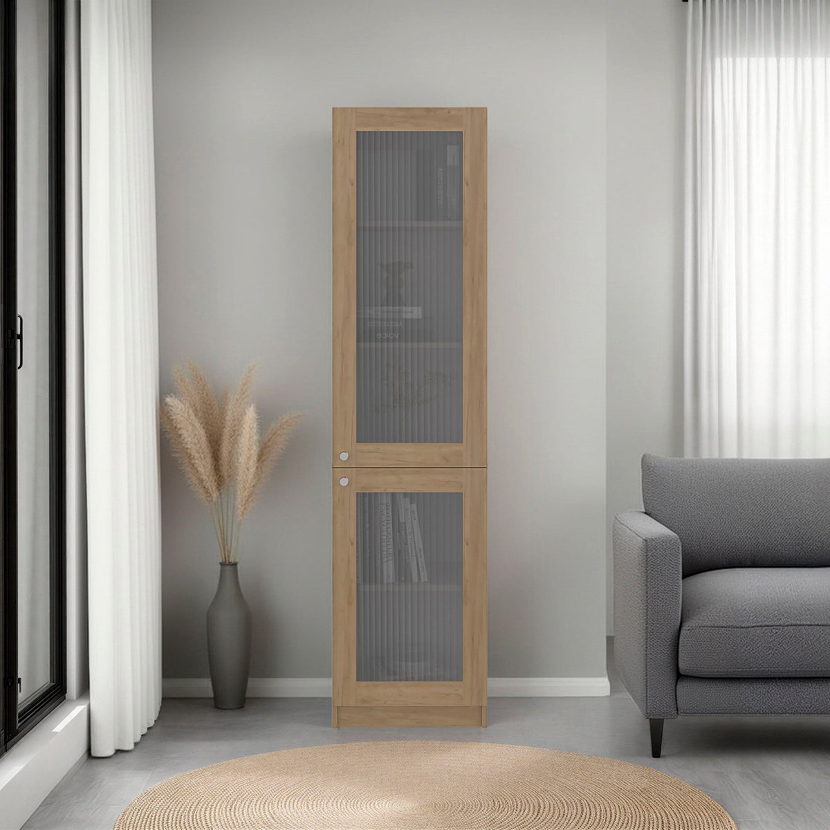 TUHOME CONCEPT Estantería alta Copenhague de 181 cm con 2 puertas de vidrio acanalado, fresno y blanco