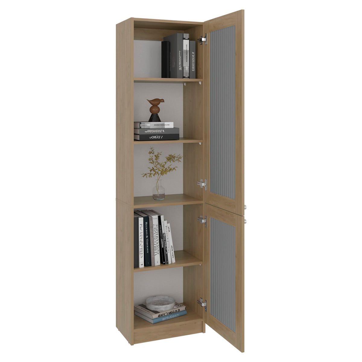 TUHOME CONCEPT Estantería alta Copenhague de 181 cm con 2 puertas de vidrio acanalado, fresno y blanco