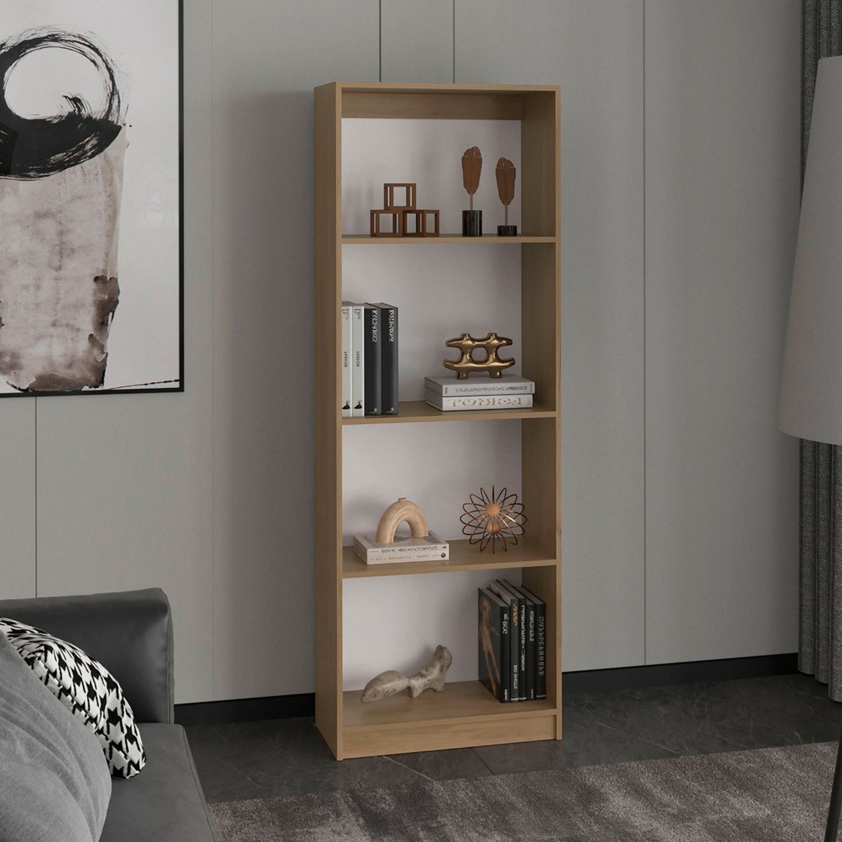 Conjunto de 4 librerías Home de 181 cm: 1 abierta de 4 huecos + 1 abierta de 5 huecos + 1 XS de 45 cm + 1 con 2 puertas, fresno