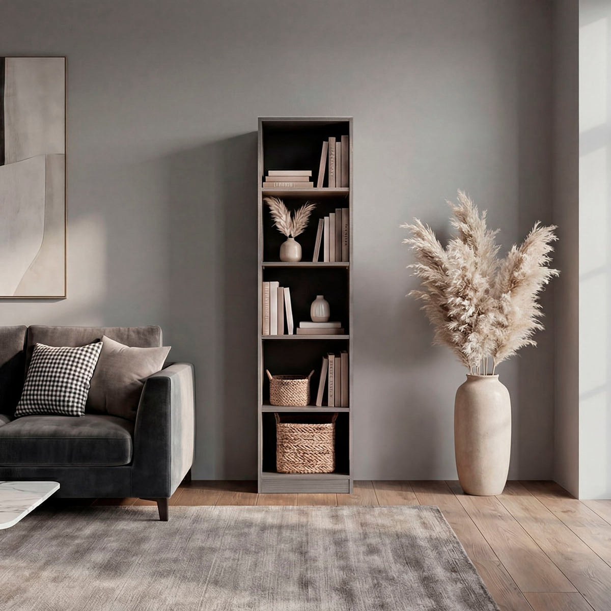 TUHOME CONCEPT Estantería alta abierta Home M2 de 181 cm con 5 huecos, gris y wengué