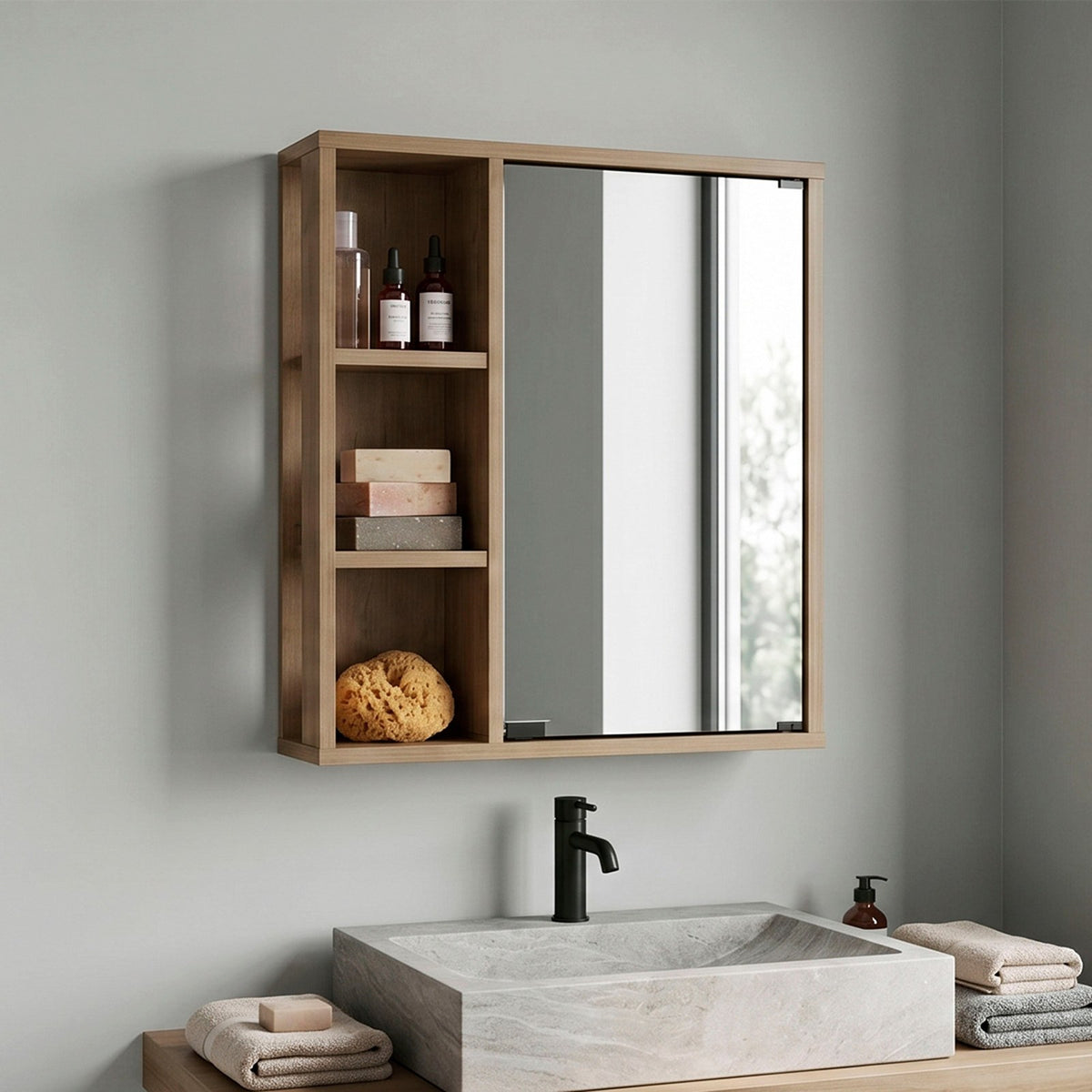 TUHOME CONCEPT Armario de baño de pared Berkel de 50 cm con espejo y estantes abiertos, fresno