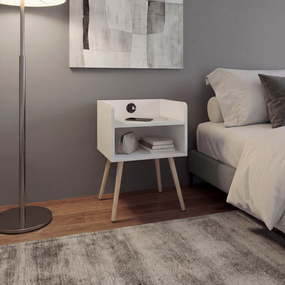 TUHOME CONCEPT Mesita de noche Didi de 40 cm con conector USB y 2 huecos, blanco