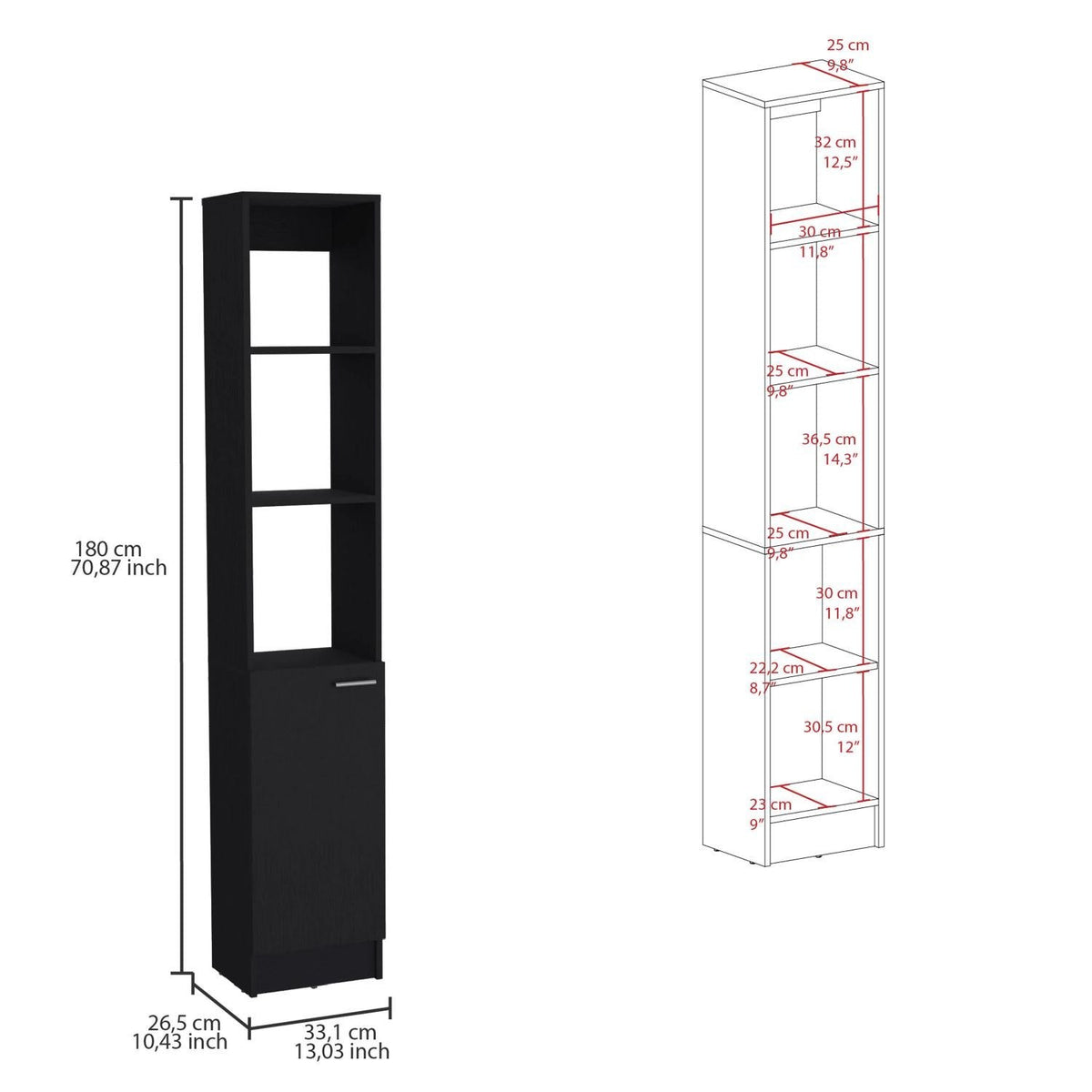 Mueble columna Parks de 180 cm con puerta y estantes, wengué