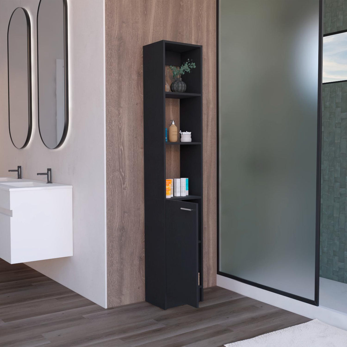 Mueble columna Parks de 180 cm con puerta y estantes, wengué
