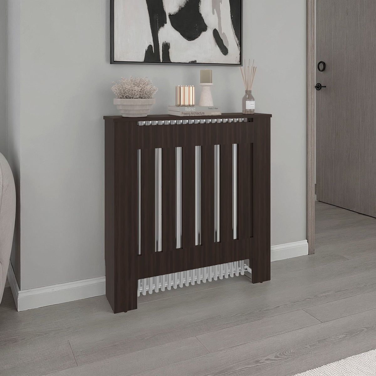 Cubreradiador Linn de 79 cm con lamas y estante superior, marrón oscuro