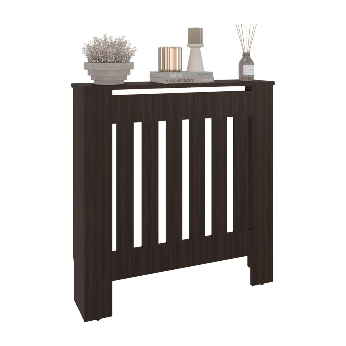 Cubreradiador Linn de 79 cm con lamas y estante superior, marrón oscuro