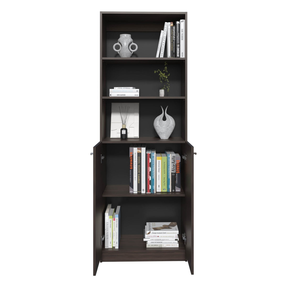 TUHOME CONCEPT Estantería alta Home M4 de 181 cm con 2 puertas y estantes abiertos, nogal europeo