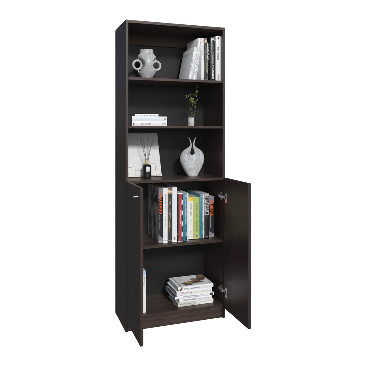 TUHOME CONCEPT Estantería alta Home M4 de 181 cm con 2 puertas y estantes abiertos, nogal europeo
