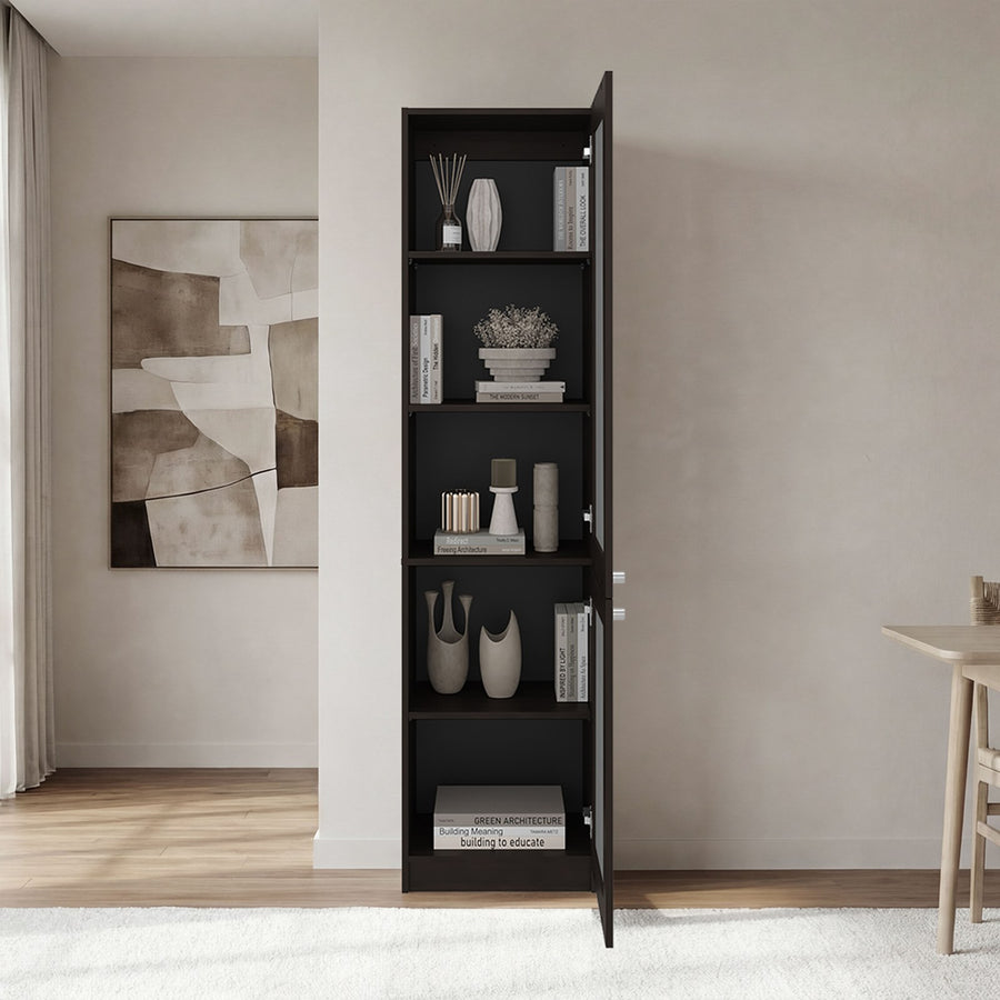 Estantería alta Copenhague de 181 cm con 2 puertas de vidrio acanalado, nogal y negro