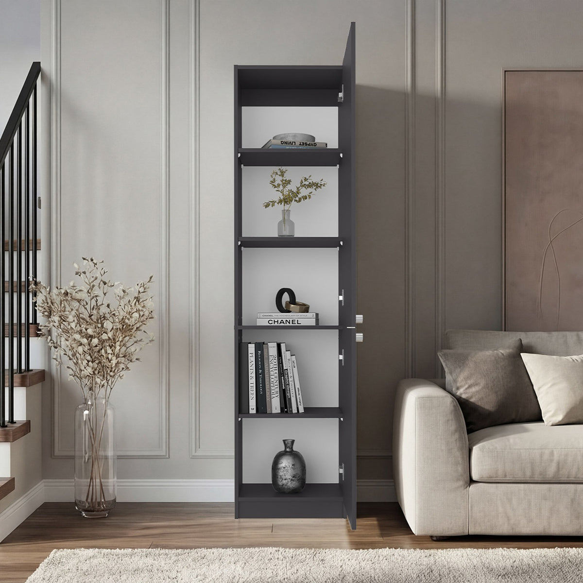 Estantería alta Delhi de 181 cm con 2 puertas, gris plomo y blanco