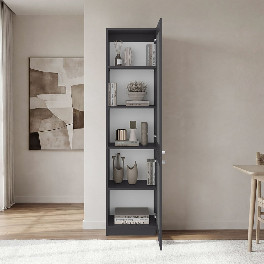 Estantería alta Copenhague de 181 cm con 2 puertas de vidrio acanalado, gris plomo y blanco