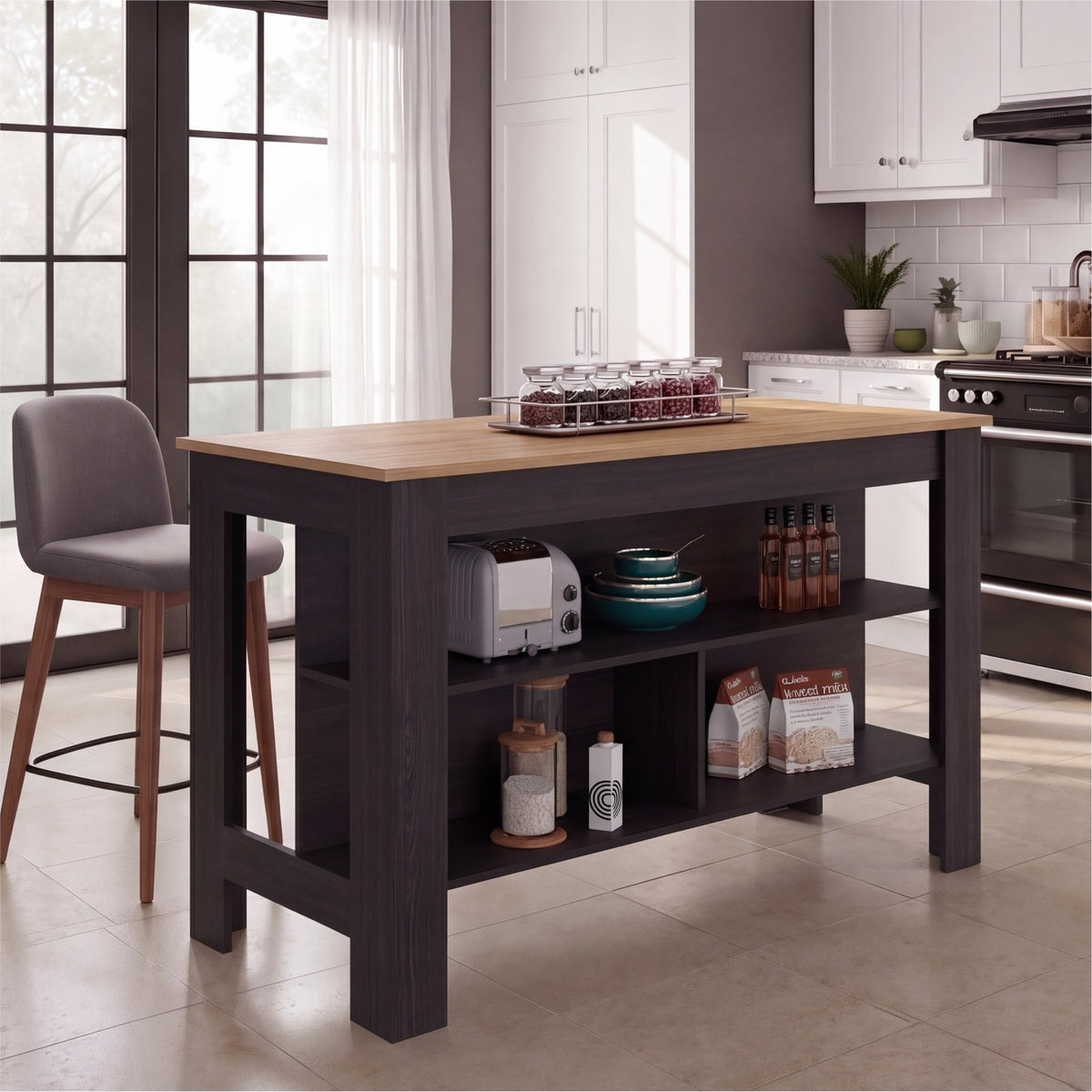 Isla de cocina Cala de 138 cm con estantes, wengué y fresno