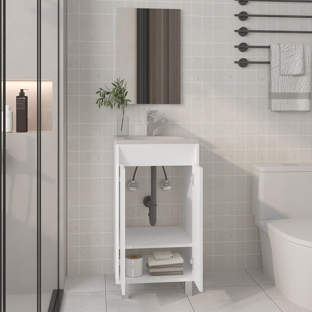Conjunto de baño Brady de 45 cm con lavabo y espejo Bolonia, blanco