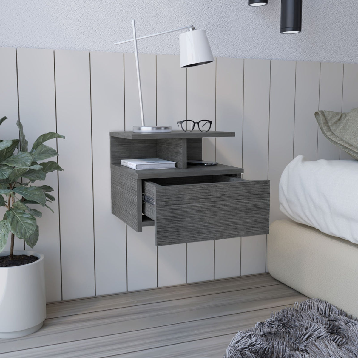 TUHOME CONCEPT Mesita de noche flotante Adele de 36 cm con cajón, roble gris